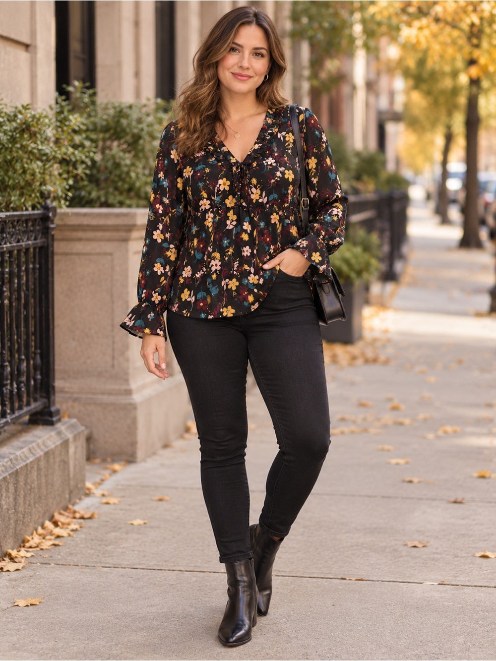 A67.Black Floral V-Neck Long-Sleeve Women's Blouse